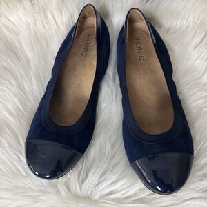 Vionic Tiegan Ballet Flat Navy Blue Suede Slip On Patent Cap Toe Womens Size 10